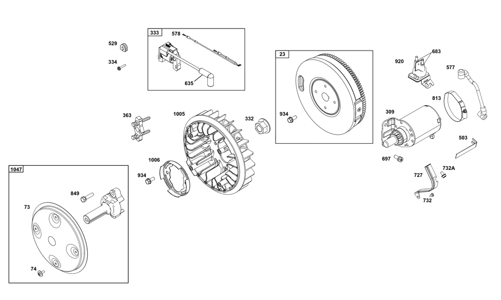 Flywheel, Ignition, And Starter Group Diagram and Parts List for 356447-0640-G1 200000 - 399999 Briggs and Stratton Engine